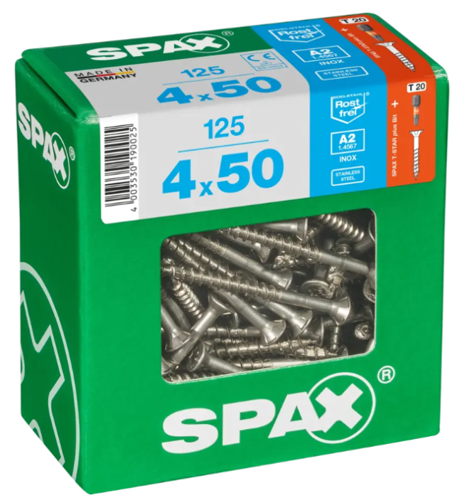 SPAX Edelstahlschraube, 4 x 50 mm, 125 Stück, Teilgewinde, Senkkopf, T-STAR plus T20, 4CUT, Edelstahl rostfrei A2, 4197000400506