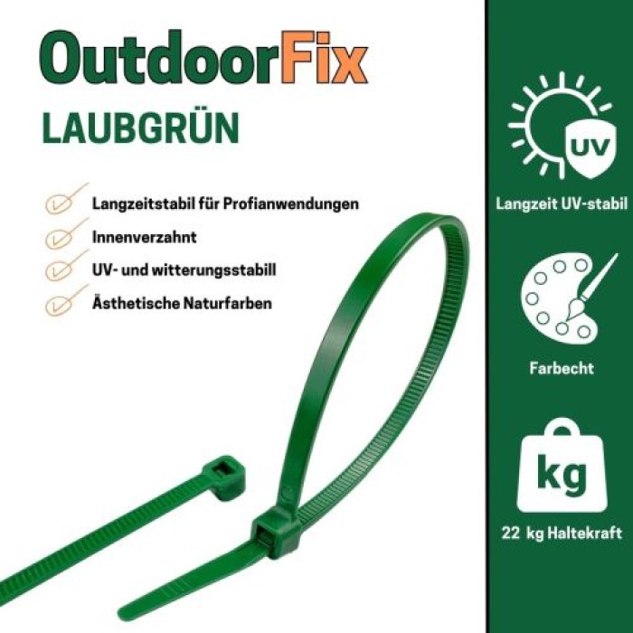 OutdoorFix Kabelbinder 200 x 4,6 mm, 50 Stk, Laubgrün, Wetterfest, UV-beständig, 22565