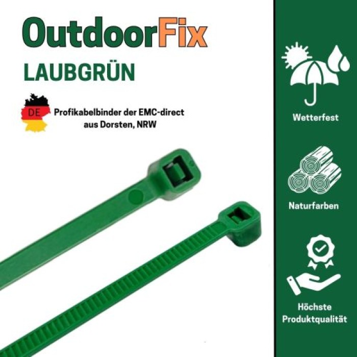 OutdoorFix Kabelbinder 200 x 4,6 mm, 50 Stk, Laubgrün, Wetterfest, UV-beständig, 22565