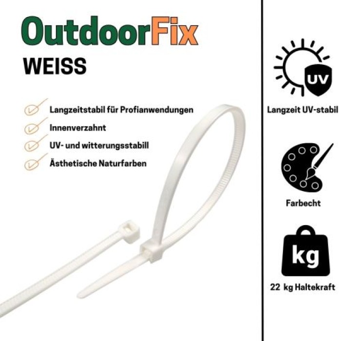 OutdoorFix Kabelbinder 150 x 3,5 mm, 50 Stk, Weiß, Wetterfest, UV-beständig, 22578