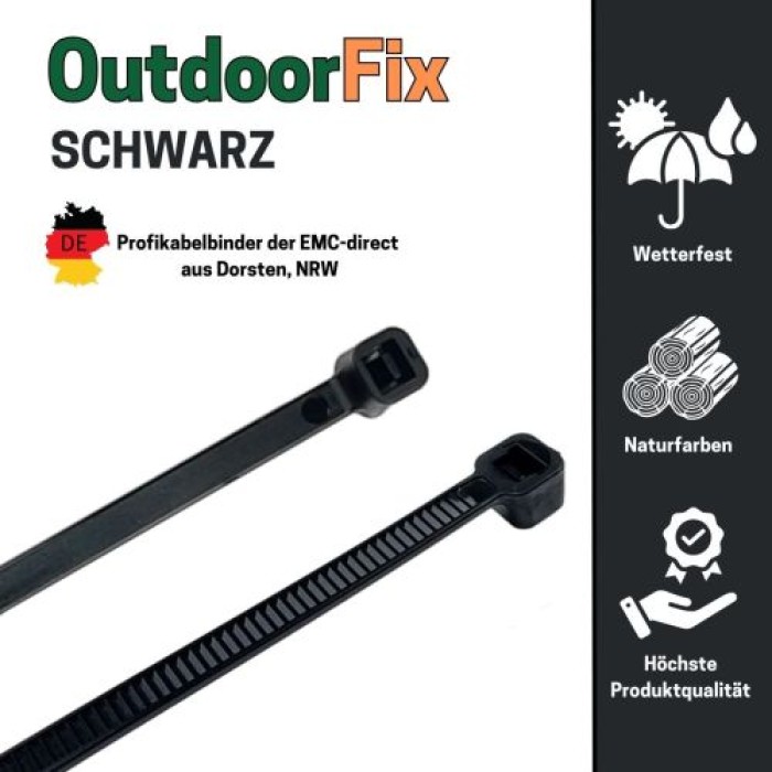 OutdoorFix Kabelbinder 200 x 4,6mm, 50 Stk., Schwarz, Wetterfest, UV-beständig, 22581