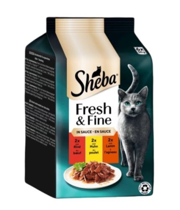 Sheba Portionsbeutel Multipack Fresh & Fine in Sauce mit Rind Huhn und Lamm, 6 x 50g, 473089