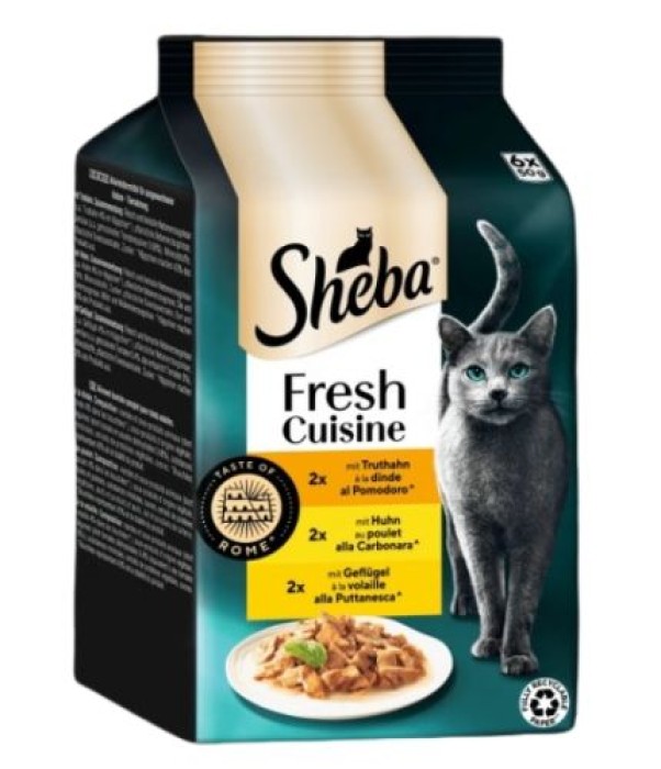 Sheba Portionsbeutel Multipack Fresh Cuisine mit Truthahn Huhn und Geflügel, 6 x 50g, 472969