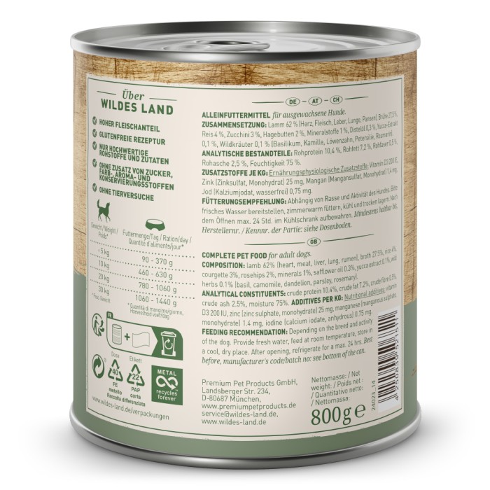 Wildes Land Classic Adult, Nassfutter, Lamm mit Reis, 800g Dose, WL58205