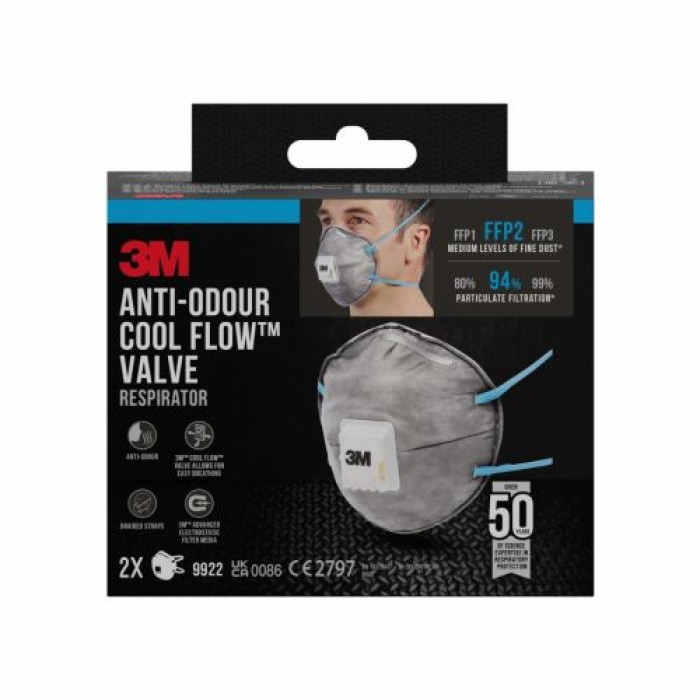 3M Cool Flow FFP2 Atemschutzmaske mit Ventil 9922C2, geruchshemmend, Grau, 2 Stück