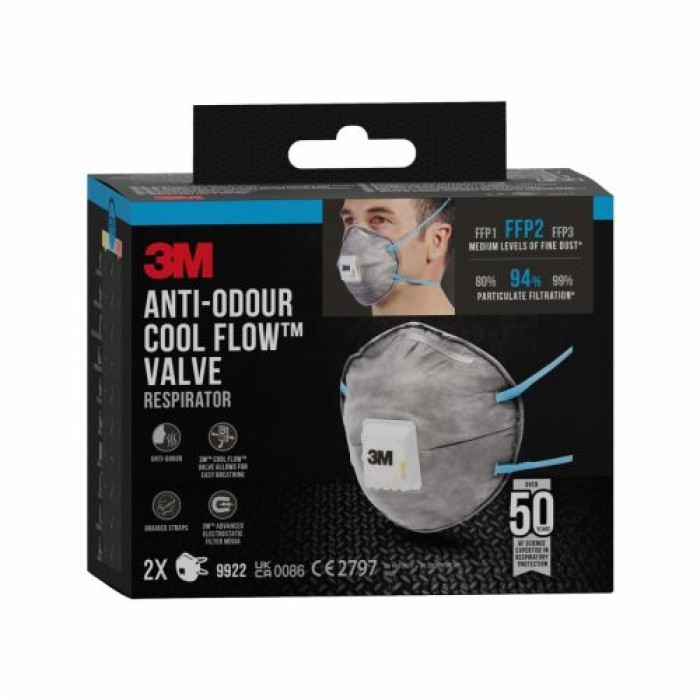 3M Cool Flow FFP2 Atemschutzmaske mit Ventil 9922C2, geruchshemmend, Grau, 2 Stück