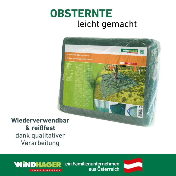 Windhager Erntenetz für Obst und Nüsse, Auffangnetz, Dunkelgrün, 4 x 4 m & Metall-Heringe 10 Stück, 06020