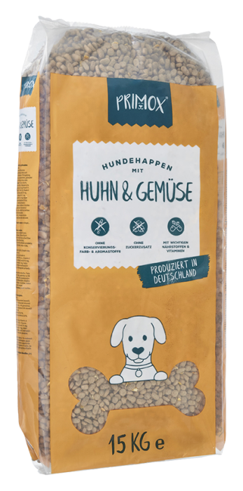 Primox Hunde-Trockenfutter Huhn & Gemüse 15kg, hergestellt in DE, Ohne Zucker & andere Zusätze, (Huhn & Gemüse) 446149