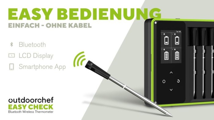 Outdoorchef Easy Check Thermometer Quadro – Wireless Bluetooth BBQ‑Thermometer mit App, 4 Fühler, 200m, 14.491.96