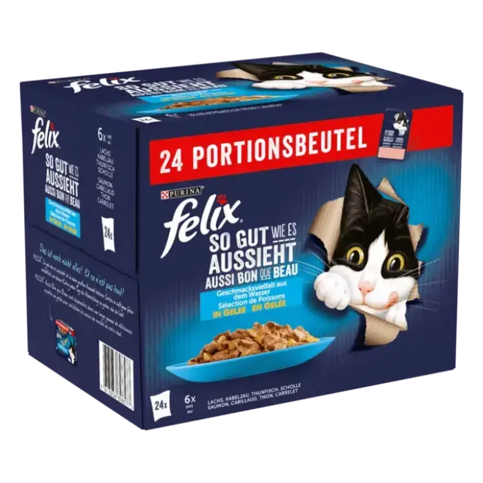 FELIX Katzennassfutter So gut wie es aussieht in Gelee Geschmacksvielfalt aus dem Wasser, 24 x 85g, 12449400