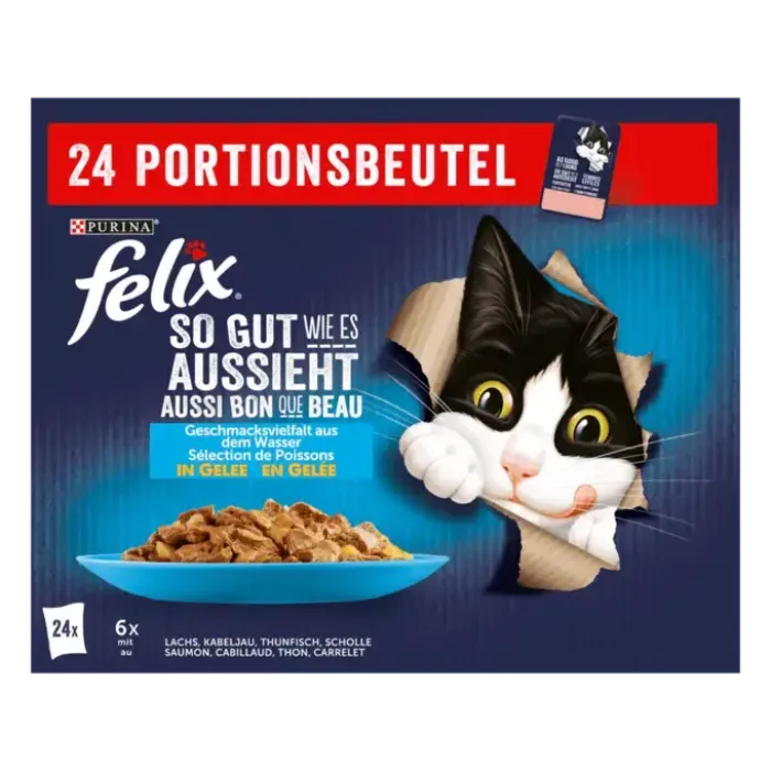 FELIX Katzennassfutter So gut wie es aussieht in Gelee Geschmacksvielfalt aus dem Wasser, 24 x 85g, 12449400