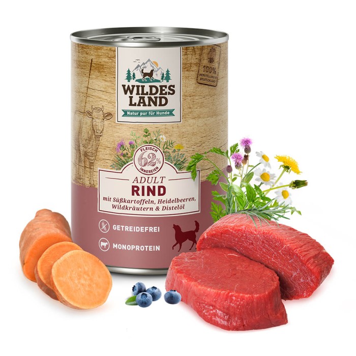 Wildes Land Classic Adult, Nassfutter, Rind mit Süßkartoffel, 800g Dose, WL58202
