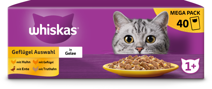 WHISKAS Frischebeutel 85g 40 Pack Geflügel Auswahl in Gelee 1+, 443098