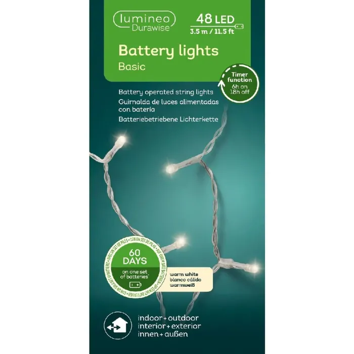 Lumineo LED Durawise Ricelight Lichterkette Batterie, 48 LED, 350 cm, transparent-warm, 497188