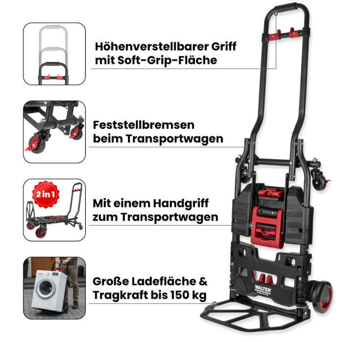 WALTER 2-in-1 Transportwagen & Transportkarre – 150 kg Tragkraft, ausziehbarer Griff, klappbar 613494