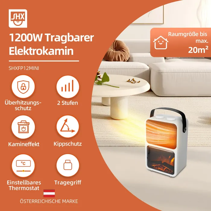 SHX Elektrokamin mit Heizlüfter, LED Kaminfeuer, 1200 W Leistung, 2 Wärmestufen, SHXFP12MINI