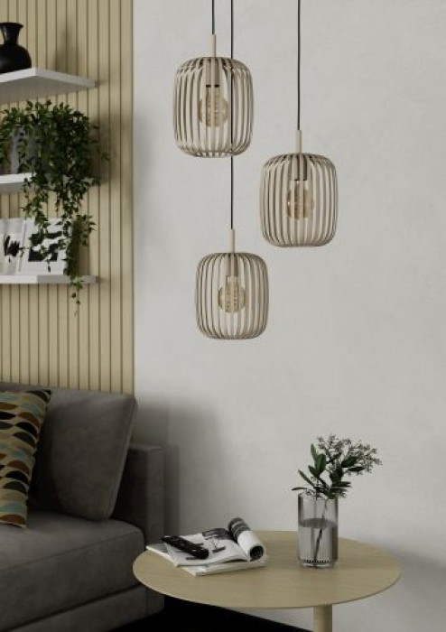 EGLO Pendellampe Romazzina, 3-flammige Pendelleuchte, E27, Ø46cm, beige, Metall, 900687