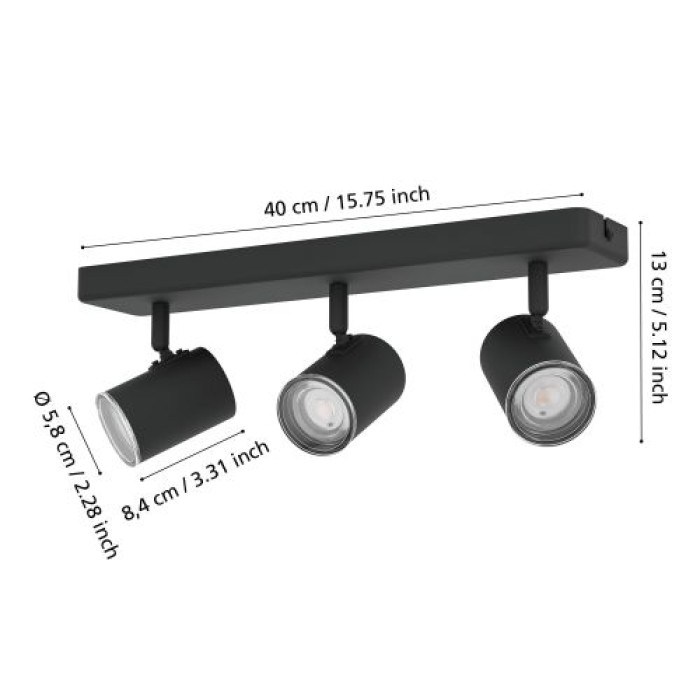 EGLO Deckenlampe 3-flammig Consuma, GU10, IP44, 40x8cm, schwarz, 901966