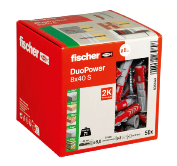 fischer DuoPower 8 x 40 S LD mit Schraube, 50 Dübel + 50 Schrauben, 535460