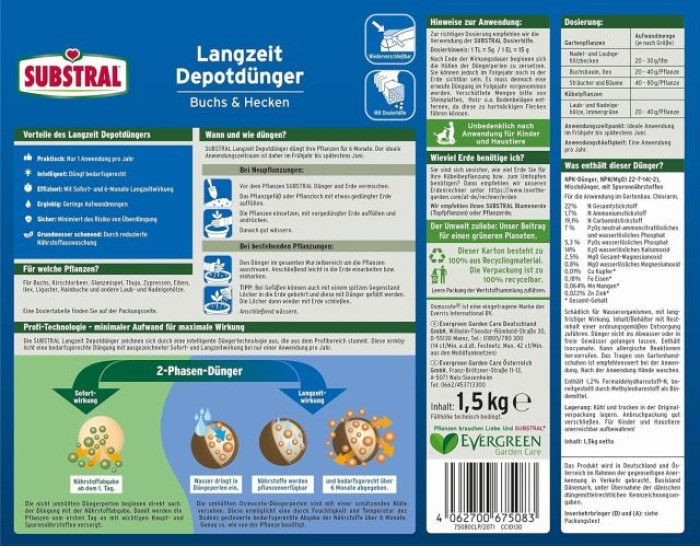 Substral Langzeit Depotdünger für Buchs & Hecken, 1,5 kg, 75080