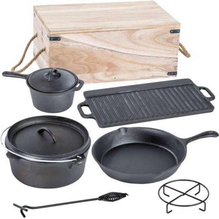 ACTIVA Dutch Oven 7-teiliges Set in Holzkiste, Gusseisen, mit Kochtopf, Stieltopf, Grillplatte, Pfanne, Deckelheber und Untersetzer, 20080