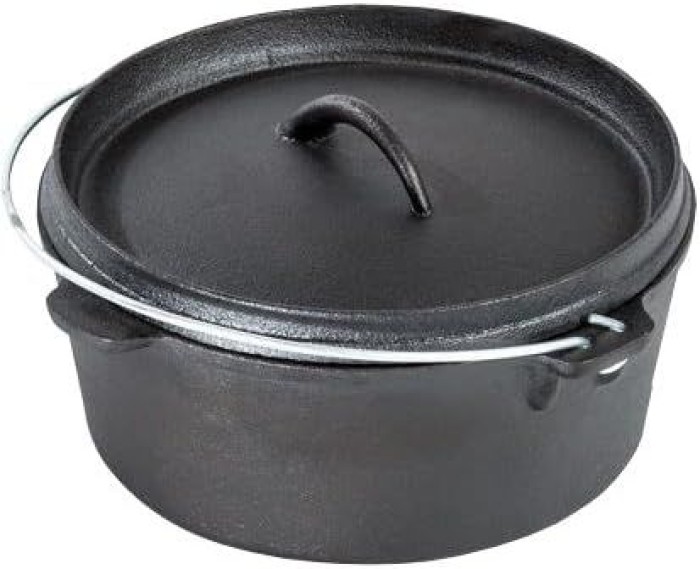 ACTIVA Dutch Oven 7-teiliges Set in Holzkiste, Gusseisen, mit Kochtopf, Stieltopf, Grillplatte, Pfanne, Deckelheber und Untersetzer, 20080