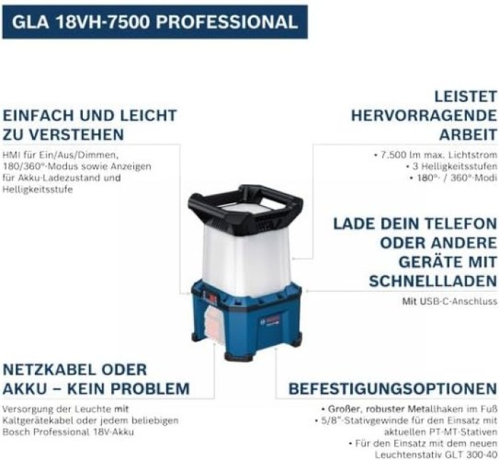 Bosch Professional 18V Akku-Hybridstrahler GLA 18VH-7500, 06014A5000