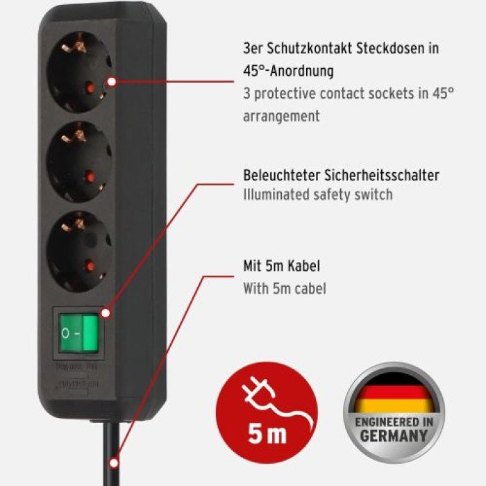 Brennenstuhl Eco-Line, Steckdosenleiste 3-fach mit erhöhtem Berührungsschutz, Schalter und 5m Kabel schwarz, 1152900