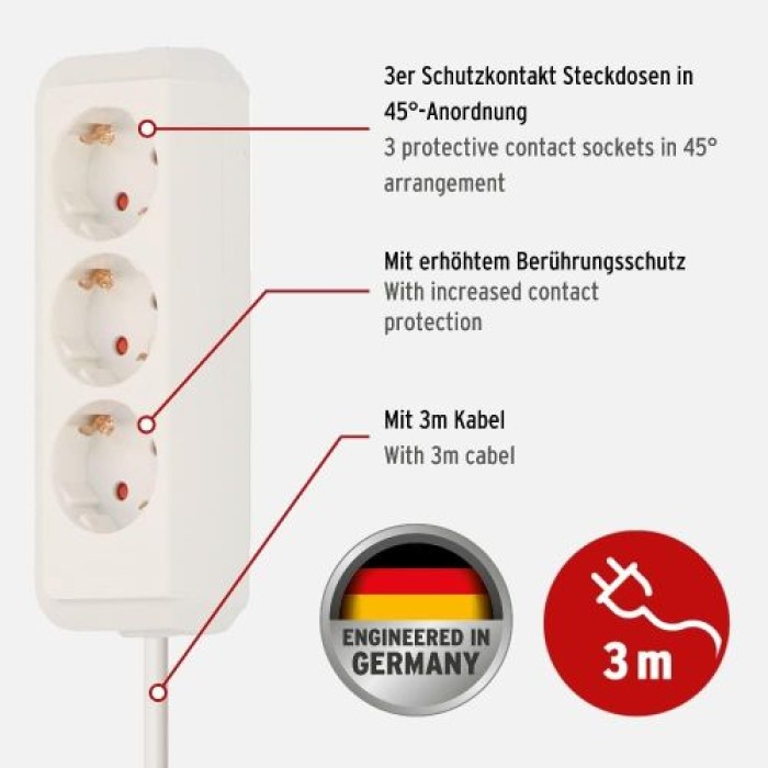 Brennenstuhl Eco-Line, Steckdosenleiste 3-fach mit erhöhtem Berührungsschutz und 3m Kabel, weiß, 1158610030
