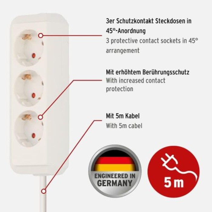Brennenstuhl Eco-Line, Steckdosenleiste 3-fach mit erhöhtem Berührungsschutz und 5m Kabel weiß, 1158610050