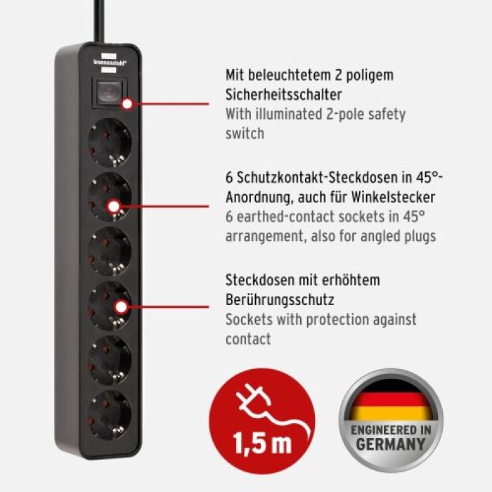 Brennenstuhl Ecolor Steckdosenleiste 6-Fach mit Schalter und 1,5m Kabel, schwarz, 1153260000