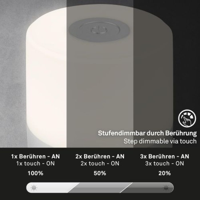 BRILONER LED Akku-Tischleuchte, 7 cm, Touch, USB-C, 2W, 150lm, chrom-matt, 7461014