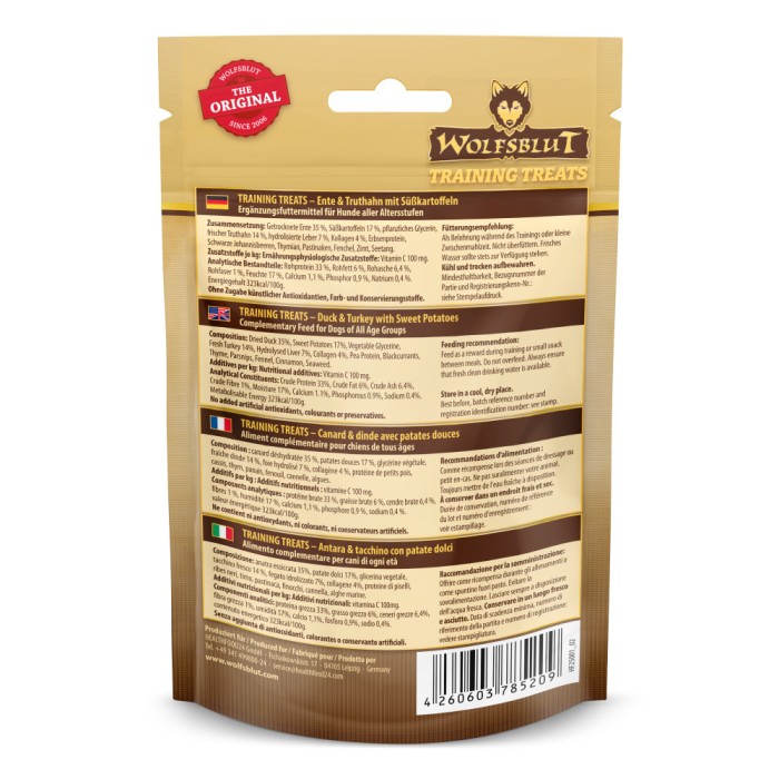 Wolfsblut Training Treats, Wild Duck & Turkey, Ente und Truthahn mit Süßkartoffeln, 70 g, WB785209