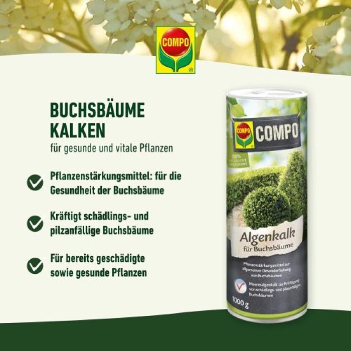 Compo Algenkalk für Buchsbäume, Pulver, zur Unterdrückung des Buchsbaumzünslers, 1 kg, 22079