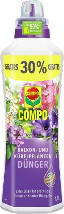 COMPO Balkon- und Kübelpflanzen-Dünger für alle Balkon- und Kübelpflanzen, mit extra Eisen, 1,3 Liter, 14367