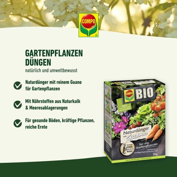 COMPO BIO Naturdünger mit Guano, für alle Gartenpflanzen, 3 kg, 12451