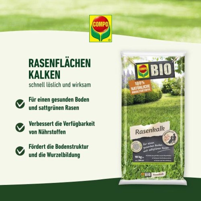COMPO BIO Rasenkalk, Zur Erhöhung des pH-Werts saurer Böden, Für 200 m², 10 kg 25704