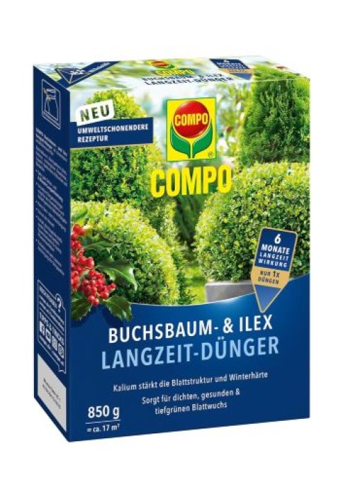 COMPO Buchsbaum- und Ilex Langzeit-Dünger, 6 Monate Langzeitwirkung, 850 g, 17 m², 26044