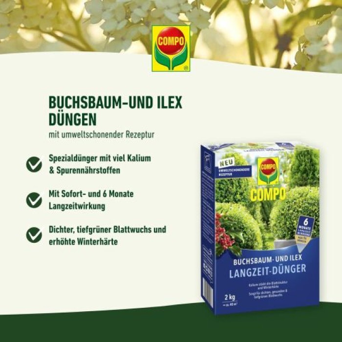 COMPO Buchsbaum- und Ilex Langzeit-Dünger, 6 Monate Langzeitwirkung, 850 g, 17 m², 26044