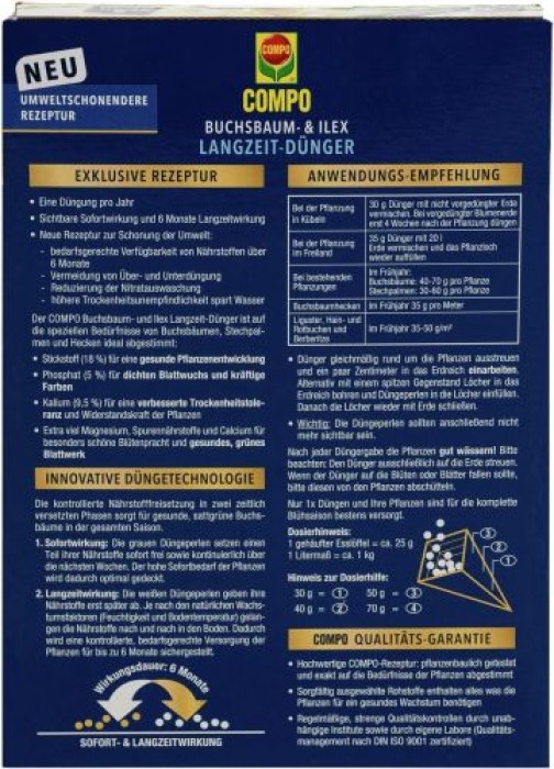 COMPO Buchsbaum- und Ilex Langzeit-Dünger, 6 Monate Langzeitwirkung, 850 g, 17 m², 26044