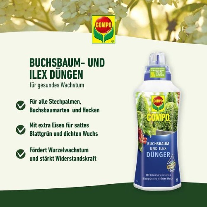 COMPO Buchsbaum- und Ilexdünger, Dünger für alle Buchsbäume, Spezial-Flüssigdünger mit extra Eisen, 1 Liter, 22558