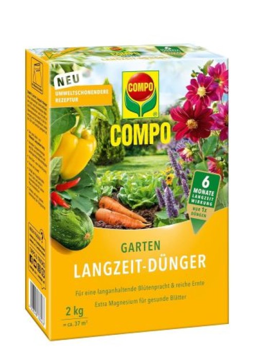 COMPO Garten Langzeit-Dünger für Gartenpflanzen, 6 Monate Langzeitwirkung, 2 kg, 37 m², 26050