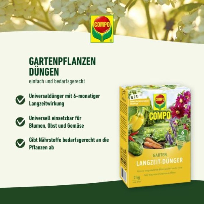COMPO Garten Langzeit-Dünger für Gartenpflanzen, 6 Monate Langzeitwirkung, 2 kg, 37 m², 26050