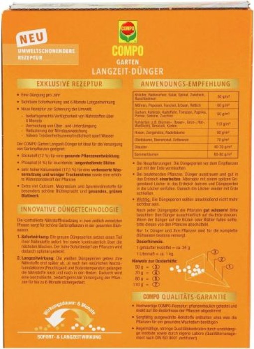 COMPO Garten Langzeit-Dünger für Gartenpflanzen, 6 Monate Langzeitwirkung, 2 kg, 37 m², 26050