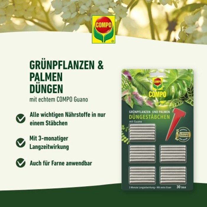 COMPO Grünpflanzen- und Palmen Düngestäbchen mit Guano, mit 3 Monaten Langzeitwirkung, 30 Stück, 12064