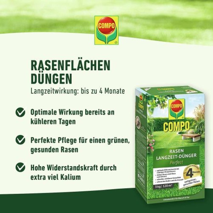 COMPO Rasen Langzeit-Dünger, mit 4 Monaten Langzeitwirkung, 12 kg, 480 m², 23698