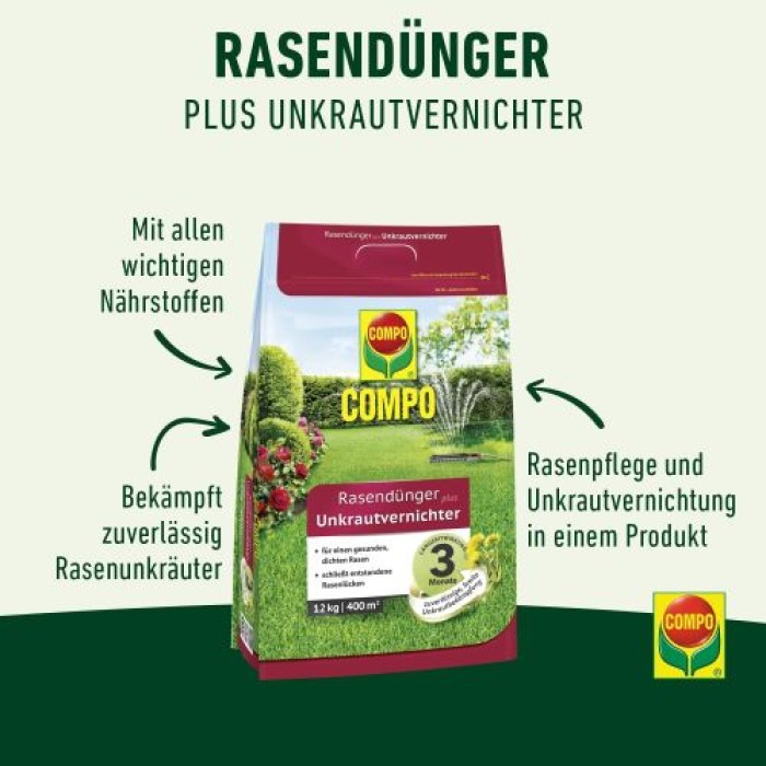 COMPO Rasendünger mit Unkrautvernichter - 12 kg für 400 m², 13326