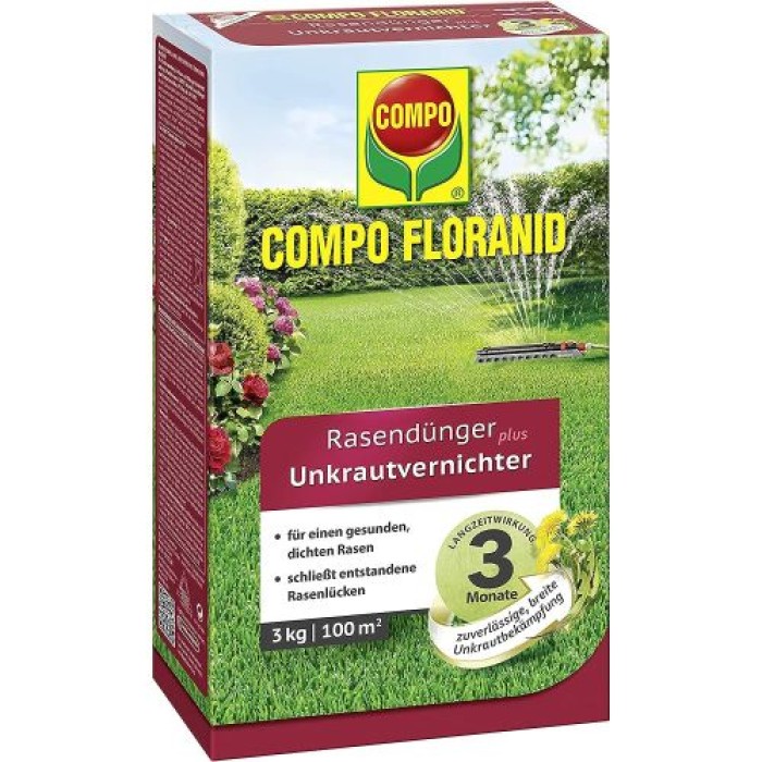COMPO Rasendünger plus Unkrautvernichter, 3 Monate Langzeitwirkung, 3 kg, 100 m², 13310