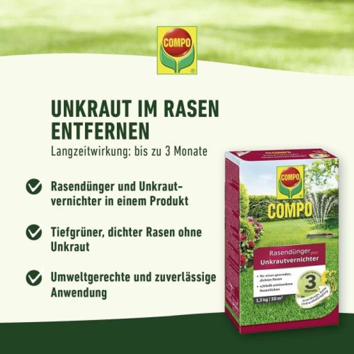 COMPO Rasendünger plus Unkrautvernichter, 3 Monate Langzeitwirkung, 3 kg, 100 m², 13310