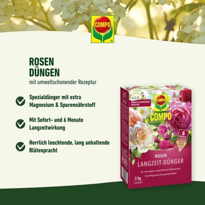 COMPO Rosen Langzeit-Dünger für alle Arten von Rosen, 6 Monate Langzeitwirkung, 850 g, 11 m², 23858